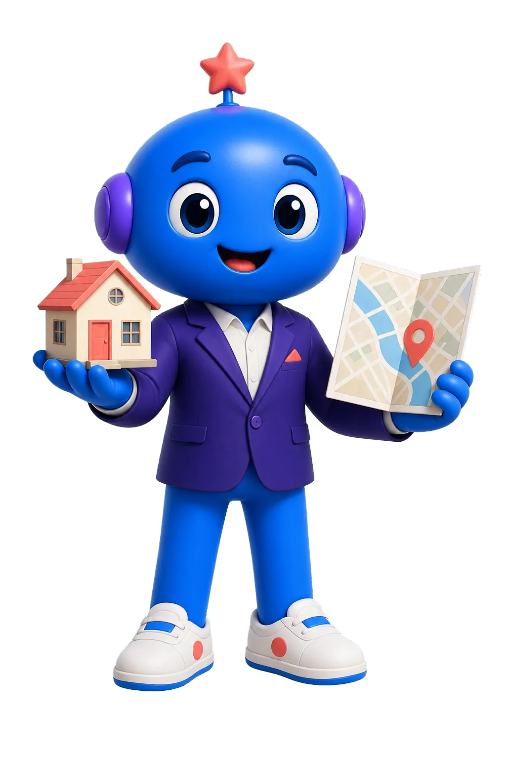 Qiu como guía inmobiliario mostrando una casa y un mapa