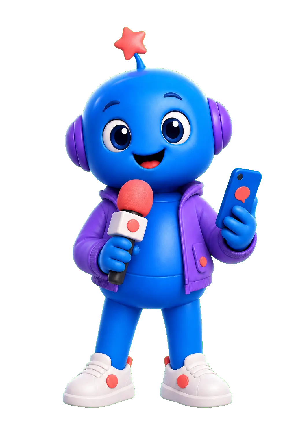 Qiu como anfitrión de comunidad, con micrófono y teléfono