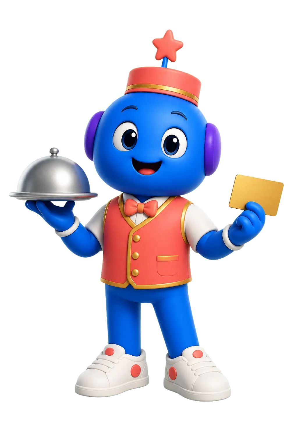 Qiu como anfitrión de restaurante y hotel, con una bandeja